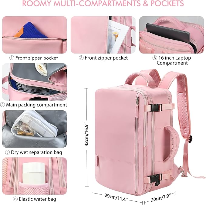 Beraliy Travel Backpack for Women, Airline Approved Bag, Carry On Waterproof Hiking Backpack, 16 inch Laptop Backpack, Overnight Bag, Pink - Image 6