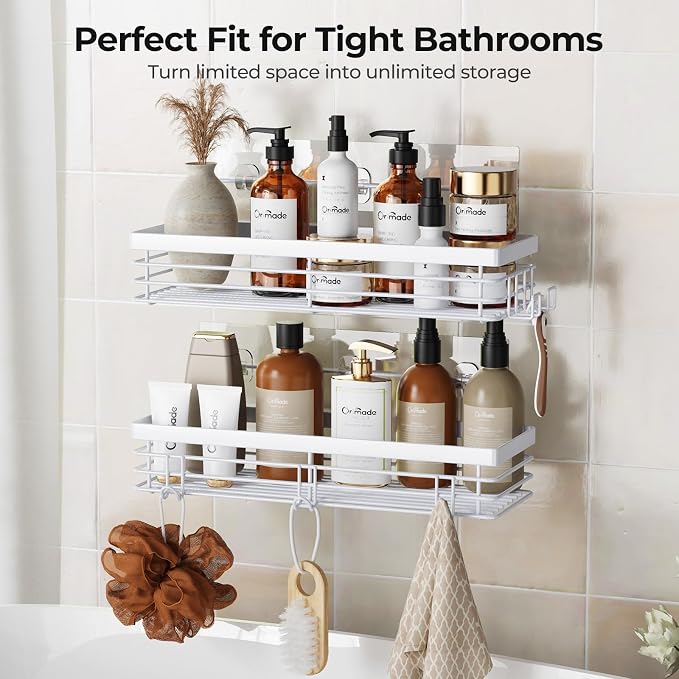 Orimade Shower Caddy with 5 Hooks for Hanging Razor and Sponge Adhesive Shower Shelf Basket Bathroom Storage Organizer Kitchen Rack No Drilling Stainless Steel Rustproof - 2 Pack,White - Image 9