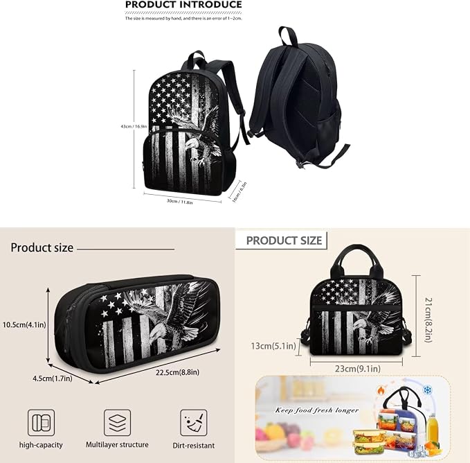 Kids Boys Backpack School Bag Set Black American Flag Eagle School Bookbag with Insulated Lunch Box Pencil Pouch Kids Lightweight School Bag Rucksack 3 Pack Set - Image 4