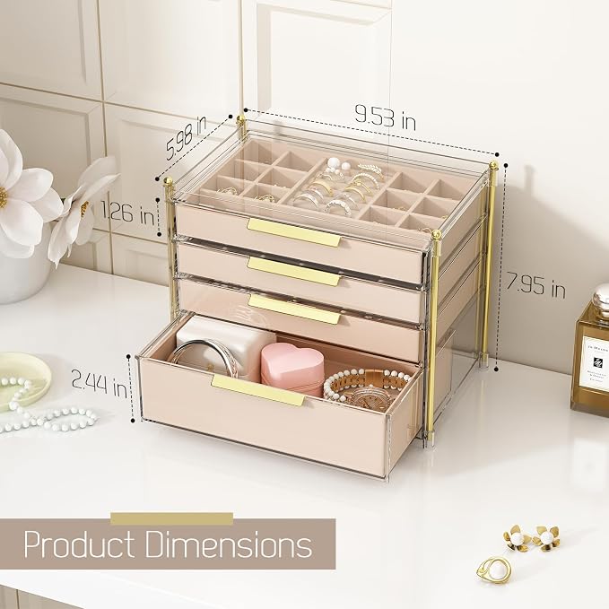 FOLLOWIN Jewelry Box for Women, 4 Drawers Jewelry Organizer and Storage, Clear Acrylic Jewelry Organizer with Removable Velvet Trays, Large Capacity Jewelry Holder for Rings Earrings Necklaces - Image 5