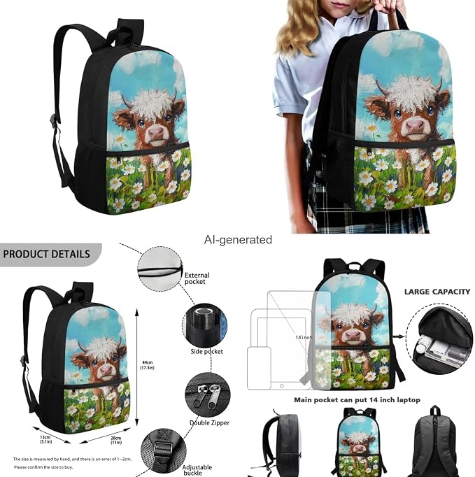 Cute Cow Kindergarten Backpack for Girls with Lunchbox Lightweight Preschool School Bag Set 4 In 1 Set Bookbag with Front Pocket Back to School Gifts for Students - Image 3