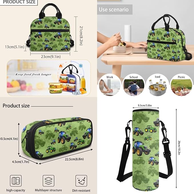 Cartoon Farm Tractor Kids Backpack with Lunch Box Pencil Bag Bottle Carrier Bag Sling Bags 4 Pcs Cute Tractor Backpack Sets for Boy Girl Middle School Primary Student Bookbag Casual Daypack - Image 6
