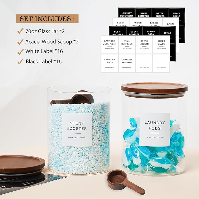 Glass Laundry Storage Containers with Acacia Lids and Scoops, 2 Pack Laundry Room Organization Jars with Labels, Powder Detergent Organizer and Laundry Pod Holder, Glass Laundry Beads Canisters Set - Image 3