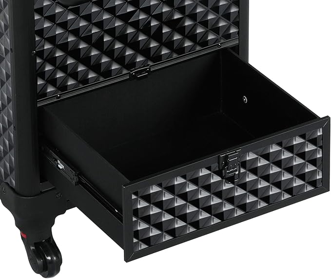 Yaheetech Rolling Makeup Train Case with a Drawer Nail Trolley Black/Red | Sturdy ABS & aluminum nail cart organizes beauty supplies in side trays and a drawer, rolls smoothly & lockable for travel - Image 7
