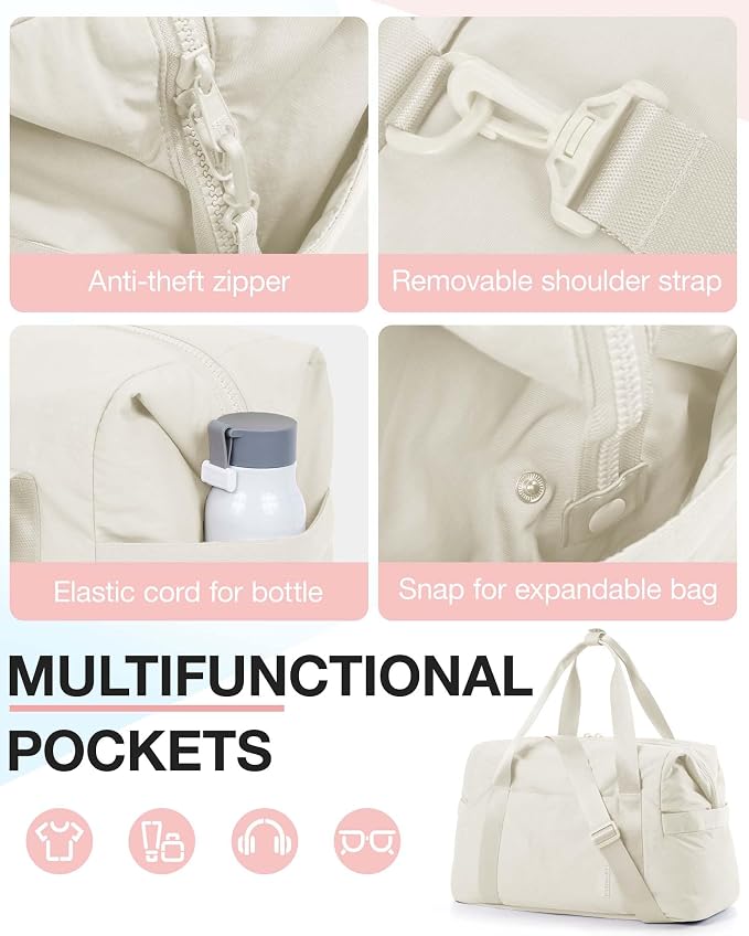 BAGSMART BAGSMART Gym Bag for Women, Carry on Weekender Overnight Bag, Travel Duffel Bags with Trolley Sleeve, Personal Item Travel Bag Tote Bag Workout Dance Bag(Light Beige,Medium) - Image 5
