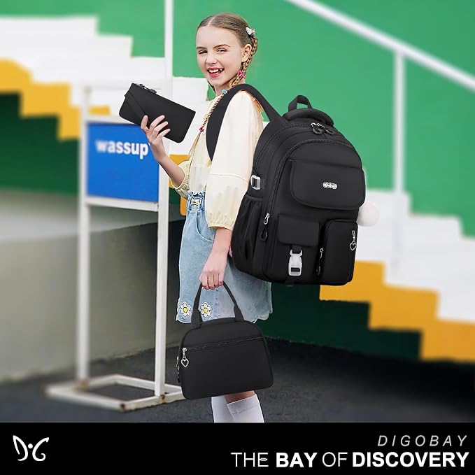 DIGOBAY Backpacks for Girls, 3PCS School Backpack with Lunch Box Pencil Pouch for Teen Girls Kids Elementary Primary Middle High College Travel School bag Bookbag Set （Black） - Image 7