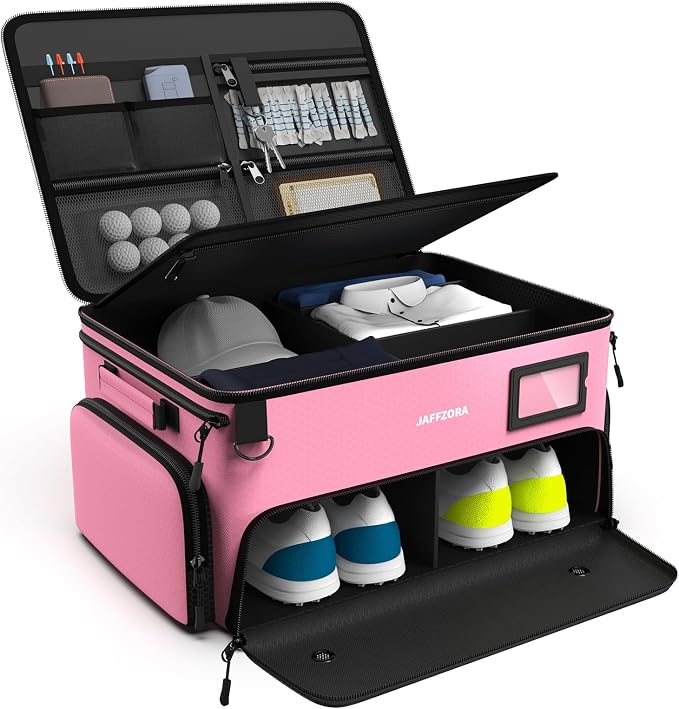 4-Layer Golf Trunk Organizer, Golfer Gifts for Women with Separate Ventilated Compartment for 2 Pairs Shoes, Waterproof Car Golf Locker Storage Bag for Golf Gear and Accessories,Pink by Jaffzora