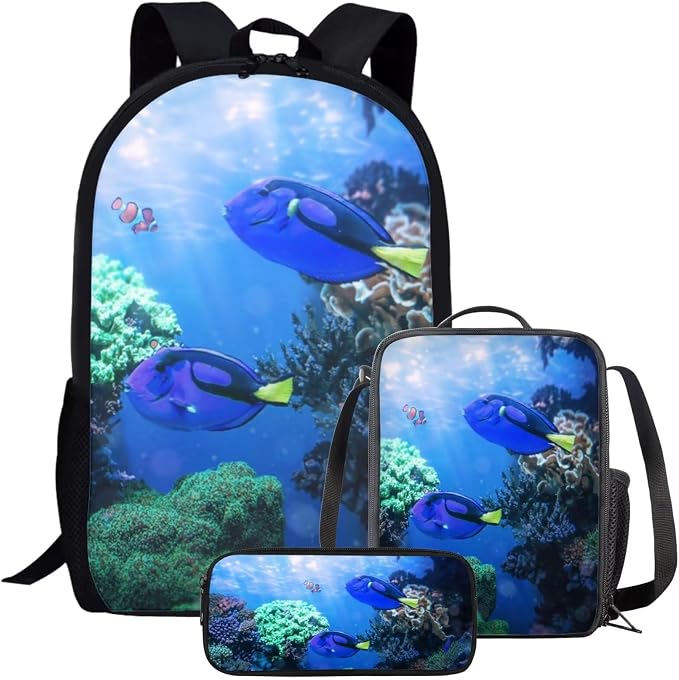 Girls Boys School Backpack with Lunch Box Pencil Case Comfy Padded Lightweight Blue Tang Backpack Set Kids Cute Bookbag Insulated Lunch Bag Student Large Capacity Daypack 17 Inch by Parprinty