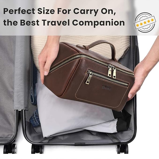 CONTACTS Full Grain Leather Travel Toiletry Bag for Men Large Wash Bag with Handle Bathroom Shaving Dopp Kit Toiletries Organizer Vintage Cosmetic Bag - Image 8