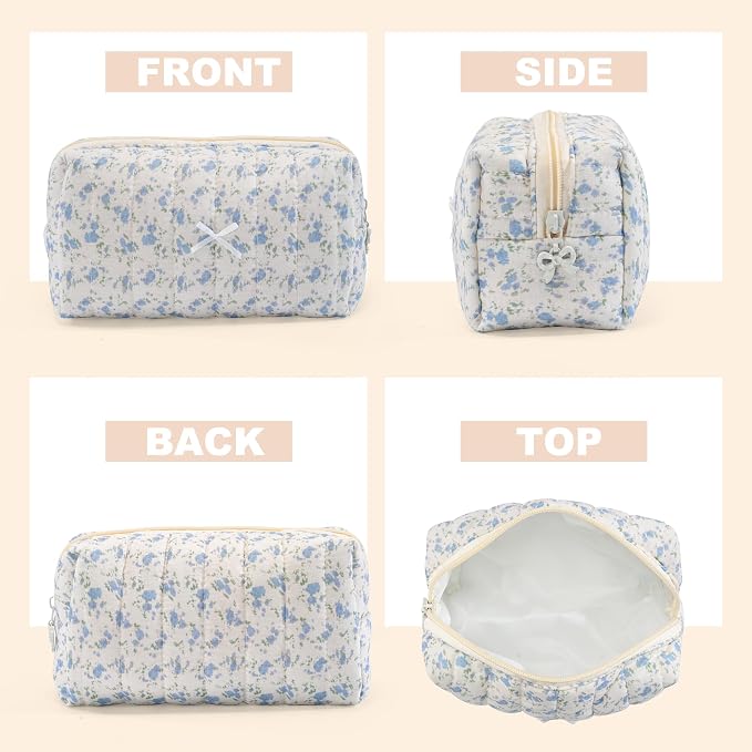 Makeup Bag Travel Toiletry Bag for Women, Small Cosmetic Bags Aesthetic Organizer Quilted Cotton Makeup Pouch&Purse Emergency Bag Floral Pencil Case Accessory Bag, Watercolor Flower - Image 3