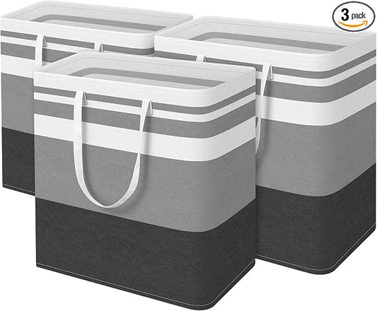 BlissTotes 3-Pack Laundry Basket, Freestanding＆Waterproof Laundry Hamper, Collapsible Tall Clothes Hamper with Easy Carry Handles for Clothes, Towels in the Family and Dorm,Gradient Grey,100L by BlissTotes