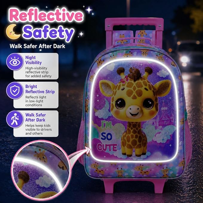 HPJGD 3PCS Giraffe Rolling Backpack for Girls, Kids School Backpacks with Wheels, Water Resistant UV Printed Roller Wheeled Bookbag Set - Image 3