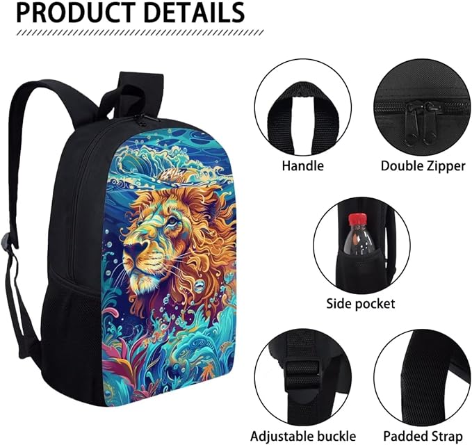 17 Inch Animal Print School Backpack And Lunch Box Set for Kids Lightweight Undersea Lion Backpack for Boys Girls Sturdy School Bag with Insulated Lunchbox Pencil Case Student Bookbag - Image 4