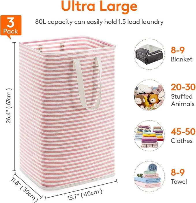 Lifewit 3 Pack Laundry Basket 80L Each, Collapsible Clothes Hamper with Reinforced Handles, Freestanding Waterproof Design for Bedroom and Laundry Room, Pink 240L Total - Image 4