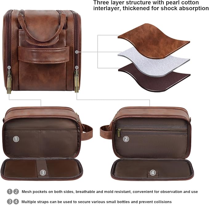 Personalized Leather Toiletry Bag, Brown, Three Layer Structure, Waterproof, Customizable Name Engraving, Travel Organizer for Men, Multi-Occasion Gift (TSN190526) - Image 6