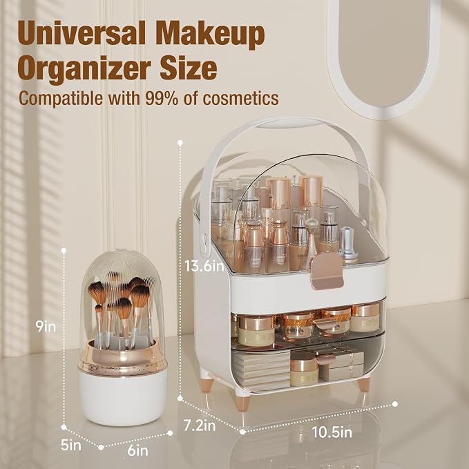 Makeup Organizer Countertop & 360° Rotating Makeup Brush Holder, Skincare Holder with Lid and Drawers, Storage Box Cosmetic Display Cases, Teen Girl Gifts, Vanity, Bathroom Counter,Rose Gold - Image 3
