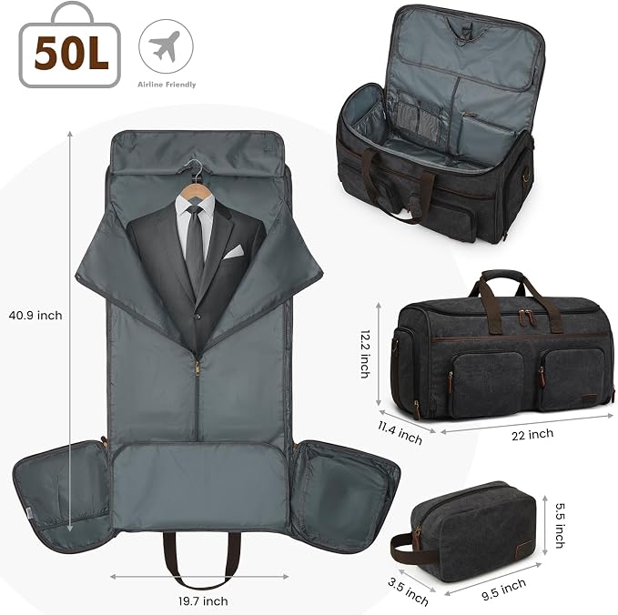 Garment Bag for Travel, S-ZONE Duffle Bag for Men Travel Convertible Suit Bags Carry on Luggage Women Hanging Suitcase Travel Bag with Toiletry Bag | Soft Canvas, Black, Carry-on size, with Toiletry Bag, Adjustable Shoulder Strap, Trolley Sleeve, Shoe ... - Image 3