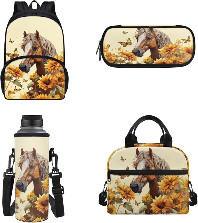Sunflower Horse Backpack Kids Backpack 4 Pcs with Lunch Box Pencil Bag Bottle Carrier Bag Sling Bags for Boy Girl Middle School Primary Student Bookbag Casual Daypack by Chririnla