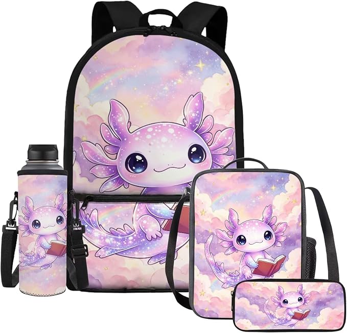 Book‑Reading Axolotl Girls School Backpack Set, 17'' 4-Piece Bookbag with Insulated Lunch Box, Pencil Case & Water Bottle Holder, Cute Schoolbag for Kids Age 6-12, Elementary Grade 1-6 by Dremagia