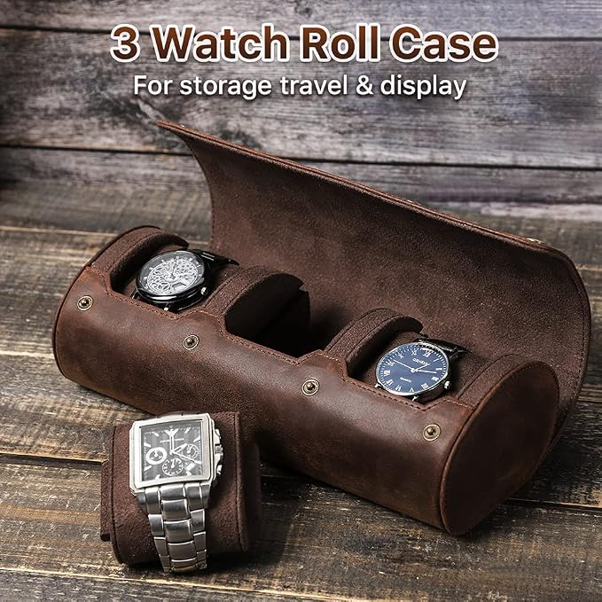 Hiram Leather Watch Roll Travel Case,Vintage Crazy Horse Leather 3-Slots Watch Box with Removable Velvet Pillows, Secure Metal Clasp, Perfect for Daily Display & Business Travel - Image 2