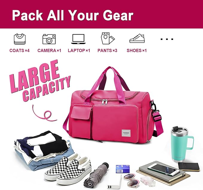 WOOMADA Foldable Travel Duffel Bag with Shoes Compartment, Overnight Bag with Wet Pocket & Trolley Sleeve, Weekender Bags for Women(A-rose red) - Image 3
