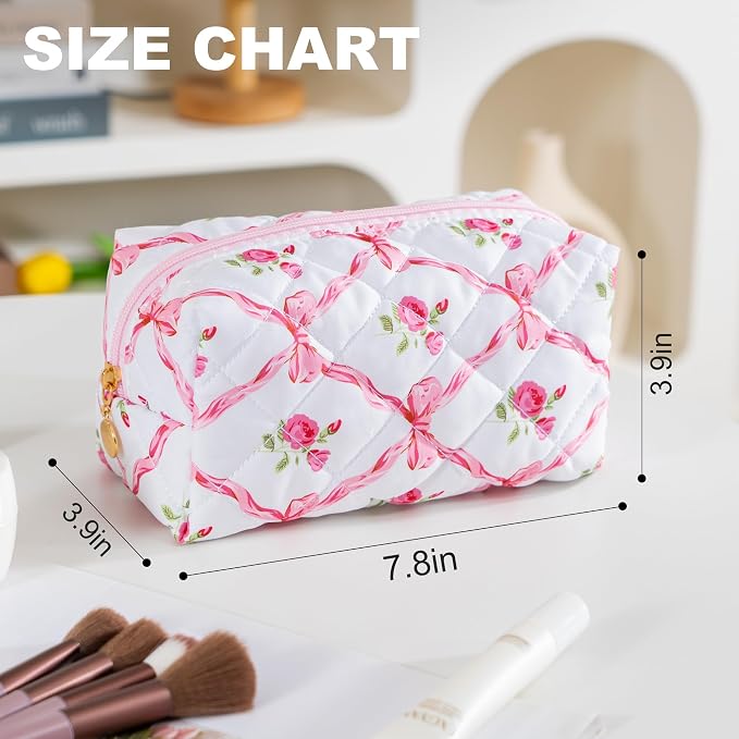 Makeup Bag Travel Toiletry Bag for Women, Small Cosmetic Bags Cute Quilted Cotton Makeup Pouch for Purse Emergency Bag Floral Pencil Case Accessory Bag, Bow and Floral - Image 4