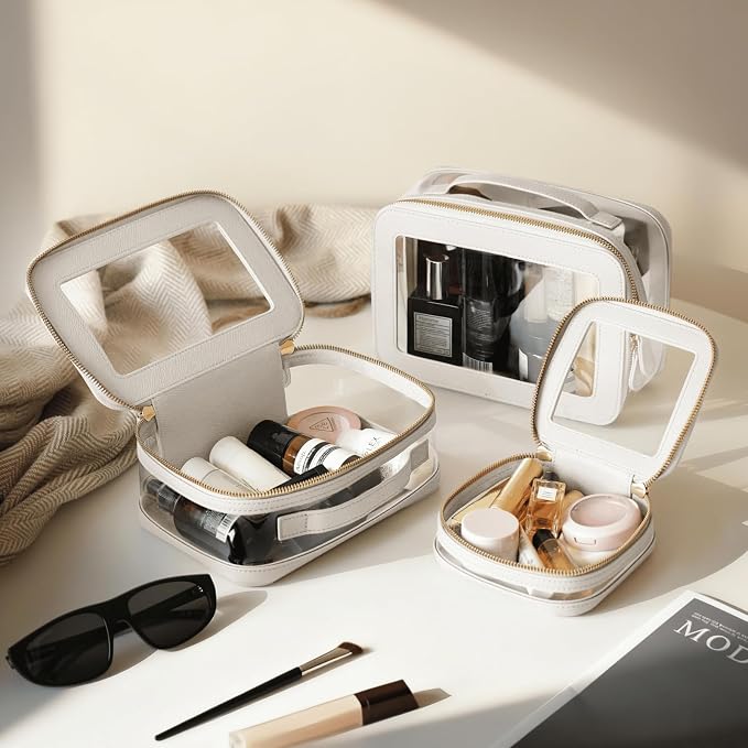 Clear Cosmetic Bag Set for Women Makeup Bag with Handle, 3 Pcs Travel Toiletry Bag Transparent Cosmetic Case Portable Make Up Organizer Bag for Essentials (White, Mini+S+L) - Image 2