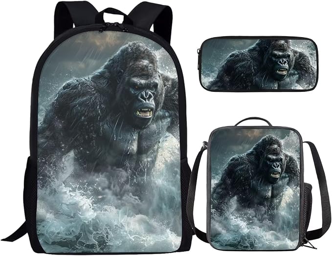 17 Inch Animal Print School Backpack And Lunch Box Set for Kids Lightweight Stormy Sea Gorilla Backpack for Boys Girls Sturdy School Bag with Insulated Lunchbox Pencil Case Student Bookbag by Parprinty