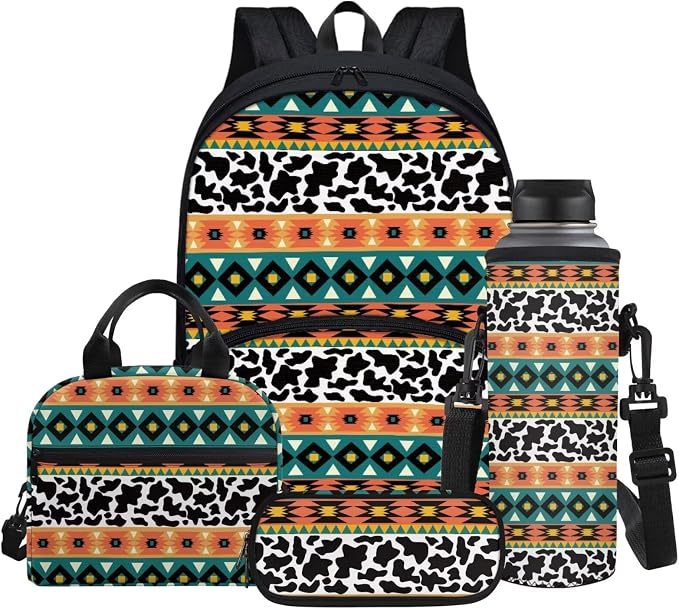Cow Aztec Western School Backpack for Boys Kids Thermal Lunch Boxes & Water Bottle Bag & Pencil Case, 4-Pieces Bookbags Set by Glomenade