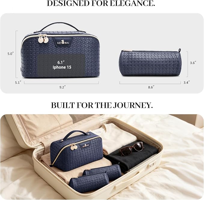 Travel Makeup Bag for Women: 3 Pcs Set Cosmetic Bags for Women - Large Capacity Vagen Leather Hand-made for Toiletry Organizer - Waterproof Ladies Travel Flat Open Essentials for Luxury (02Blue) - Image 5