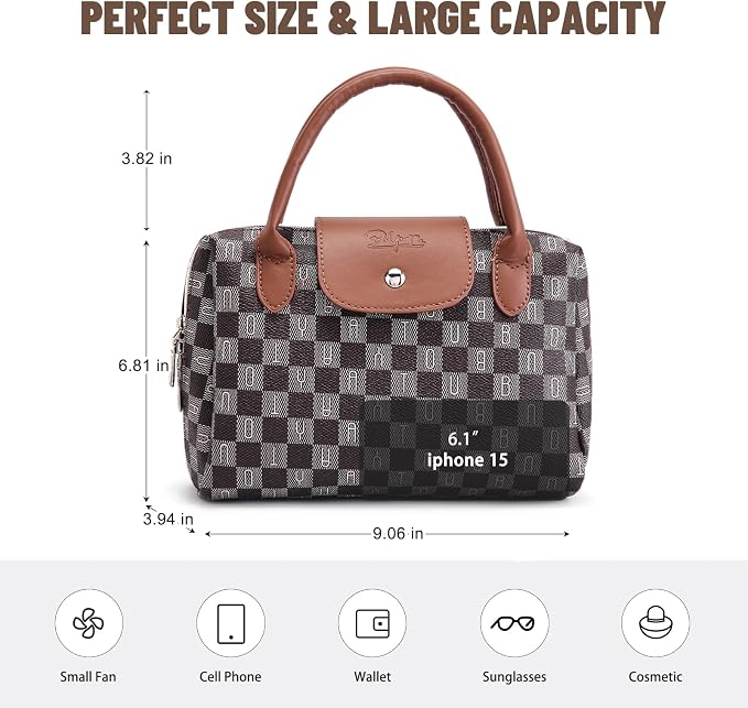 BOYATU Checkered Makeup Bag Organizer with Handle: Large Travel Cosmetic Bag Holds 10+ 100ml Full-Size Bottles for Date & Trip - Waterproof Leather Toiletry Pouch 3-sec Touch-up for Chic Woman(Coffee) - Image 7