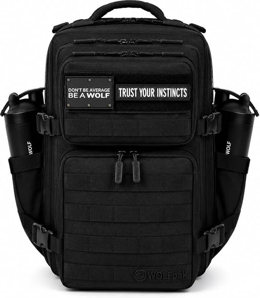 WOLFpak 35L Tactical Gym Backpack (Alpha Black) Durable 1000D Waterproof Oxford Material with MOLLE Webbing, Laptop Pocket & Dual Cup Holders, Durable Fitness/Travel/Military Daypack by WOLFpak