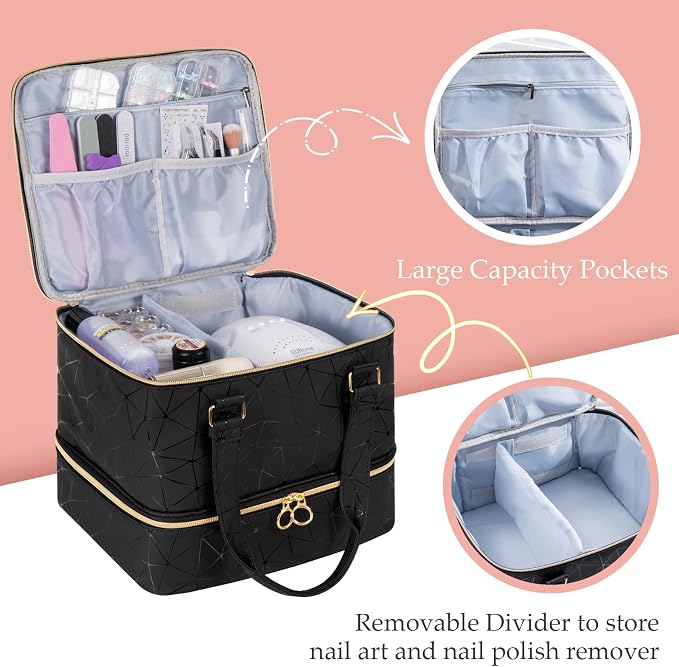 Uross Nail Polish Organizer Bag Holds 42 Bottles Nail Polish & Nail Lamp, Gel Nail Polish Organizers and Storage box for Nail Tech, Nail Kit Supplies Organizer Case - Black - Image 4