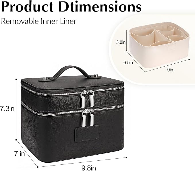 Makeup Case,Leather Double Layer Makeup Bag Duo,Large Portable Travel Toiletry Case Cosmetic Organizer for Women - Image 2