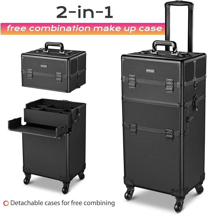 Pro Makeup Rolling Beauty Cosmetic Customizable Train Case Storage Compartment with Wheels and Telescoping Handle and Strap (Black) - Image 2