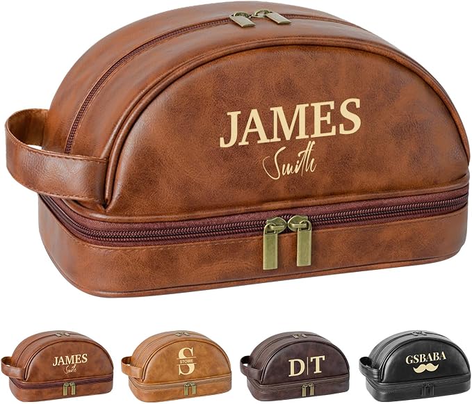 Personalized Leather Toiletry Bag, Brown, Three Layer Structure, Waterproof, Customizable Name Engraving, Travel Organizer for Men, Multi-Occasion Gift (UK1002) by Handmade