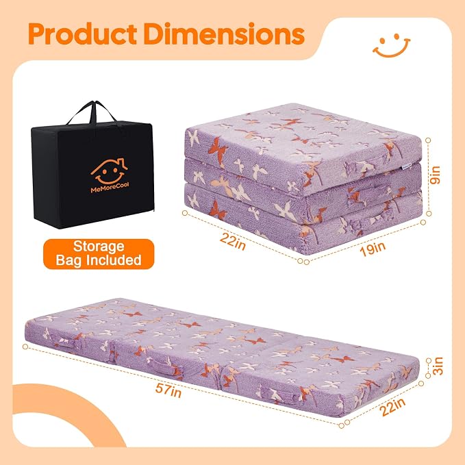 MeMoreCool Glow Butterfly Kids Foldable Floor Mattress, 57x22 Inch Purple | Glow butterfly foldable mattress for girls room, playroom and reading nook - Image 3
