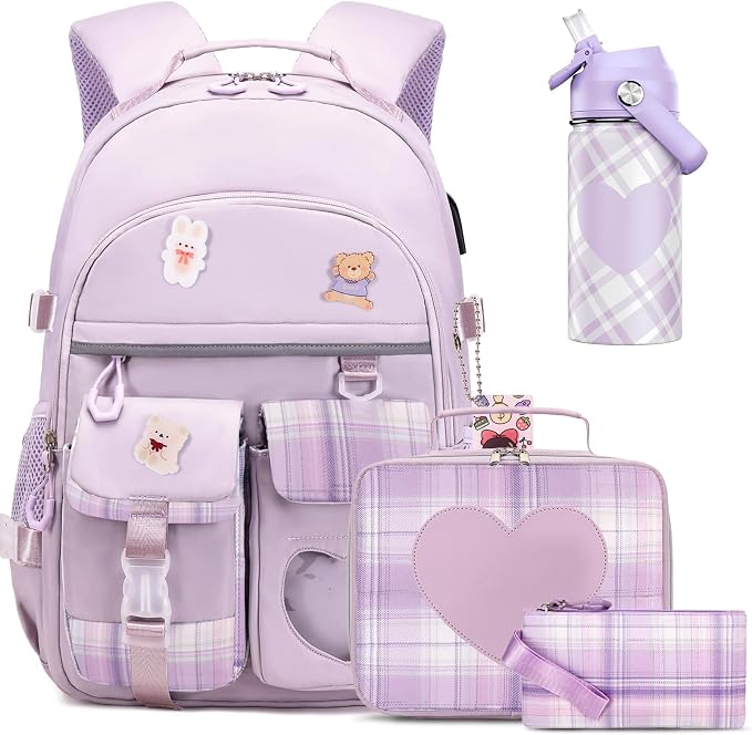 ACESAK Backpack for Girls with Insulated Water Bottle, Bookbag Backpack for Girls Kids, 14oz Kids Water Bottle Stainless Steel, Lunch Bag & Pencial Case, Back To School Gift (Purple) by ACESAK