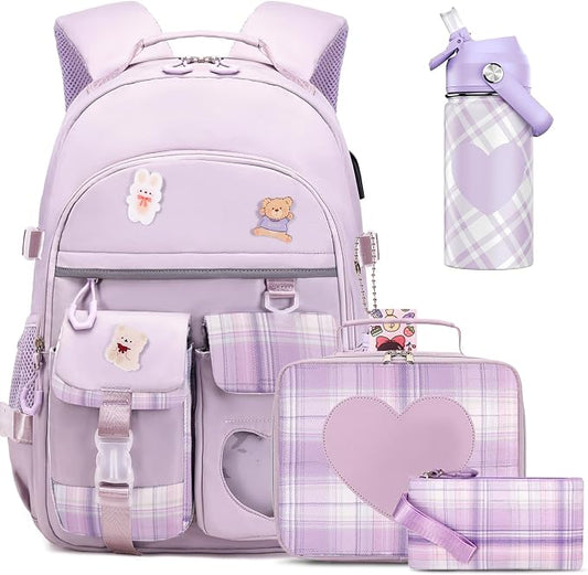 ACESAK Backpack for Girls with Insulated Water Bottle, Bookbag Backpack for Girls Kids, 14oz Kids Water Bottle Stainless Steel, Lunch Bag & Pencial Case, Back To School Gift (Purple) by ACESAK