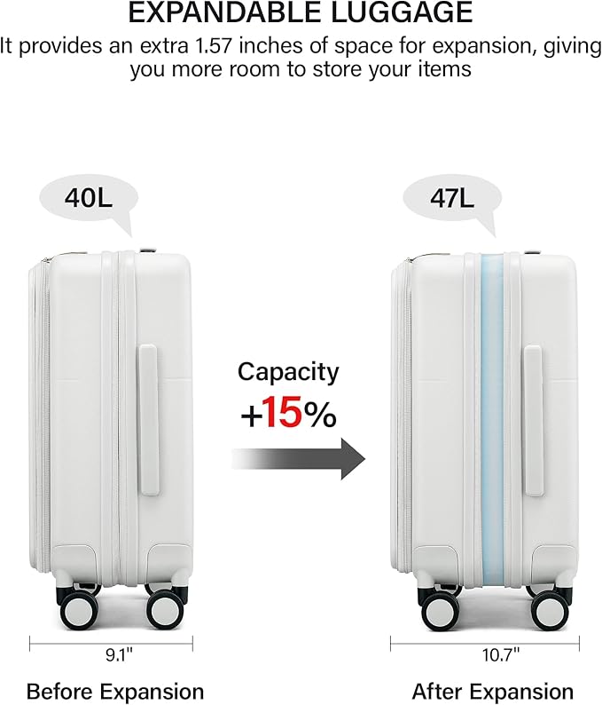 Hanke 20 Inch Expandable Carry On Luggage with Cup Holder 22x14x9 Airline Approved, Top Opening Hard Shell Suitcases with Wheels, Carry-On Travel Suitcase Trunk Luggage with Lock, Smoke White - Image 4