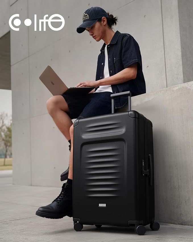 Coolife Checked Suitcases Luggage: Large Travel Luggage with Spinner Wheels Expandable Hardside Suitcases with TSA Lock,29 Inch Black - Image 2