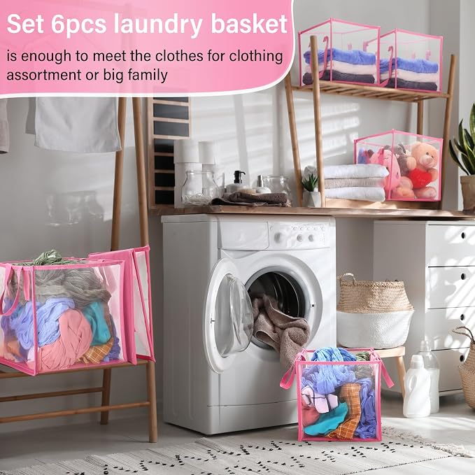 Zopeal 6 Pack Popup Laundry Hamper 13 Inch Collapsible Laundry Baskets with Handles Mesh Clothes Baskets Portable Single Layer Foldable Clothes Hamper Square Bin for Washing (Pink,Single-layer) - Image 4