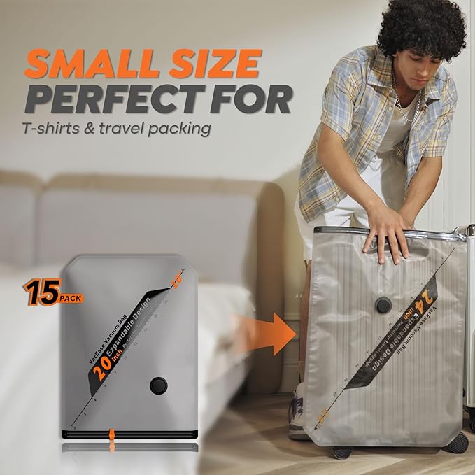 Rechargeable Wireless Pump Travel Storage Bags Set - 15 Pack Small Size Vacuum Bags for Travel & Home, Space-Saving Compression Packing for Clothes, Suitcase Luggage