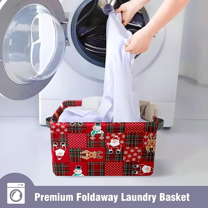 Christmas Baskets,Christmas Red Grid Elk Snowman Foldable Storage Bins with Handles, Decorative Cloth Organizer Storage Boxes 2 2piece - Image 8