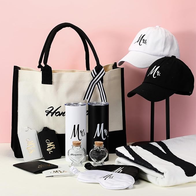 Preboun 14 Pcs Wedding Gifts for Couple Honeymoon Gifts Include Mr and Mrs Beach Towels 20 oz Wine Tumbler Hat Shareable Passport Holder Baggage Tag Glass Bottle Canvas Honeymoon Tote Bag Sleep Mask - Image 5