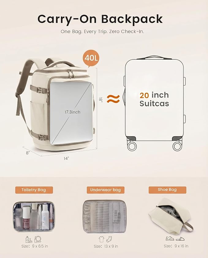 LOVEVOOK Travel Backpack for Women & Men, 40L TSA Approved Carry On Backpack with 3 Packing Cubes, Waterproof Weekender Overnight Bag for 2-4 Day Trips, Business & Travel Essentials, Khaki-Beige - Image 3