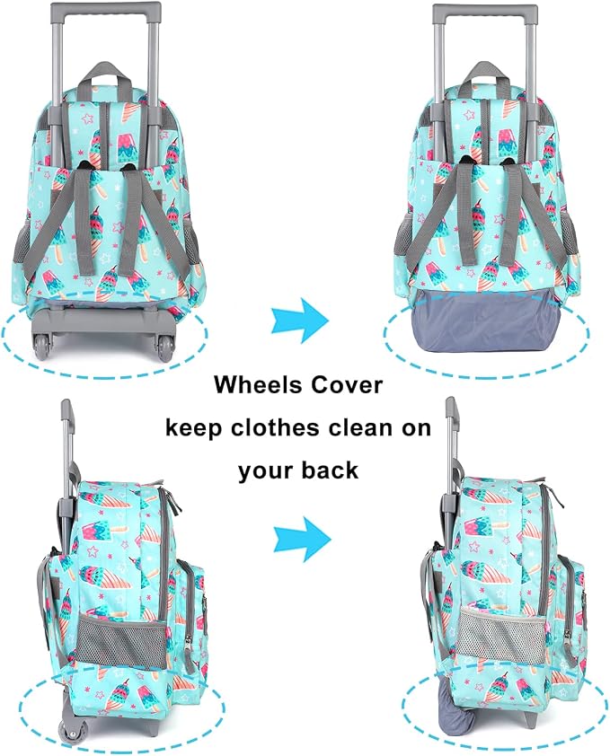 Tilami Rolling Backpack 18 inch Double Handle with Lunch Bag Wheeled Kids Backpack for Girls and Boys, Icecream Green - Image 4