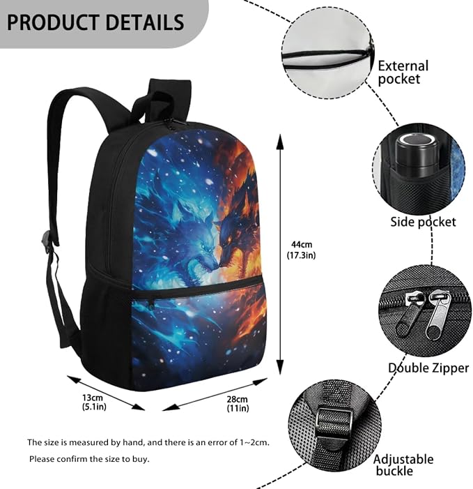 Wolf Backpacks for Boys Fire Ice Elemenatry School Backpack with Lunch Box Pencil Case Water Bottle Sleeve Bookmark 17Inch Kids Book Bag Set of 5 Picnic - Image 3