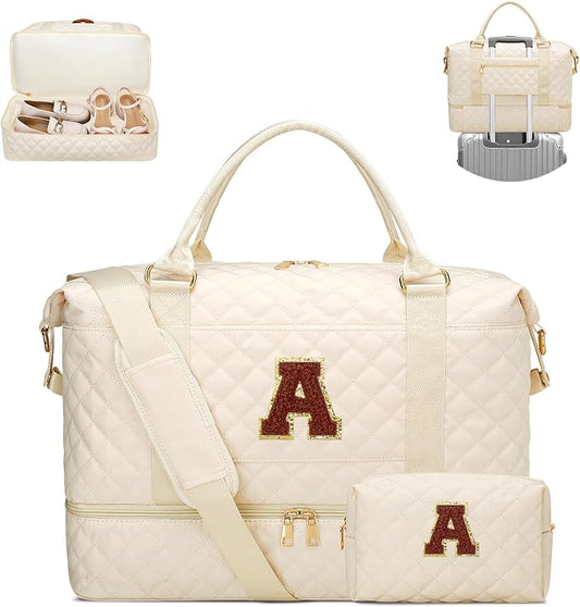 Gifts for Women Initial Travel Duffle Bag Quilted Weekender Bags Carry-On Overnight with Cosmetic Bag, Gym Bag with Shoe Compartment Hospital Bag for Women Labor Delivery, Beige-A by Unknown