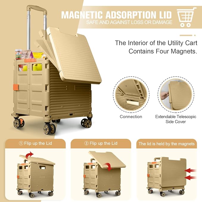 FELICON SELORSS Folding Utility Cart Portable Rolling Crate Handcart-Khaki | Magnetic Sliding Lid,Telescoping Handle,Plastic Box Dolly,360°Swivel Wheels for Travel Shop Move Laundry Office Teacher Use - Image 2